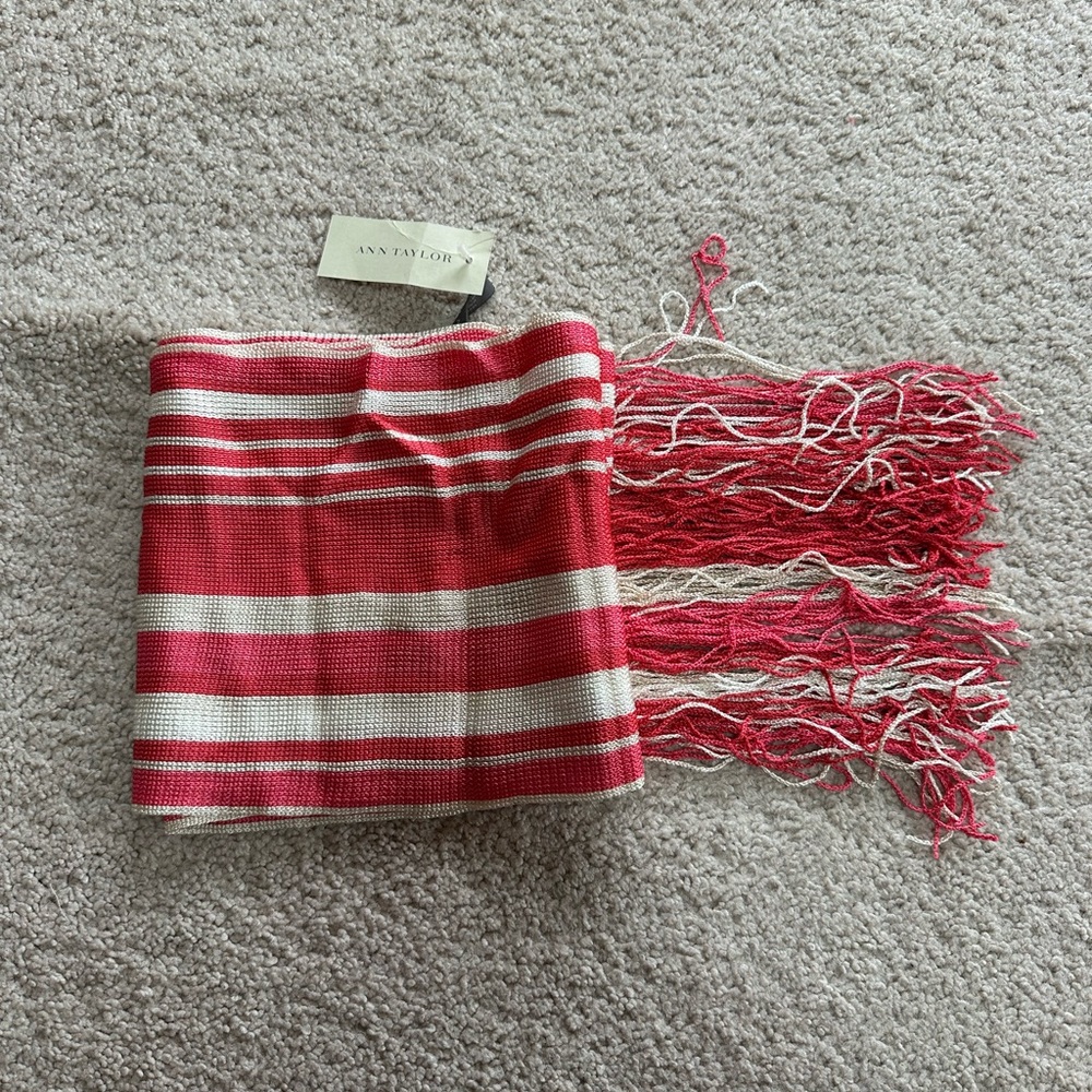 Ann Taylor Pink and Cream Striped Fringe Scarf